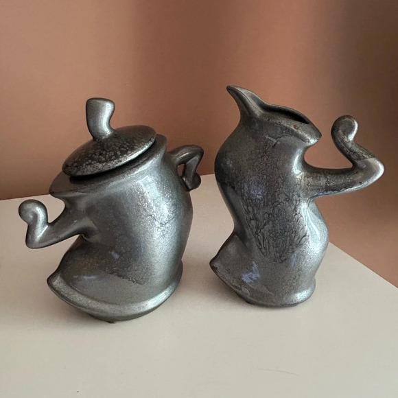 Michael Lambert Signed Dancing Sugar Creamer set pottery MCM '60s Pewter Drip… - Picture 2 of 7